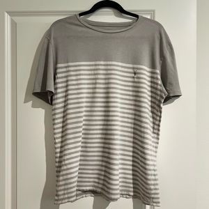 Mens All Saints white and gray stripped short sleeve t shirt